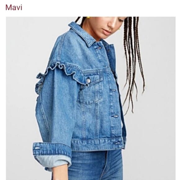 Mavi Jeans Co. Crop Ruffle Shoulder Medium Wash Denim Jacket Size XS - Picture 2 of 8